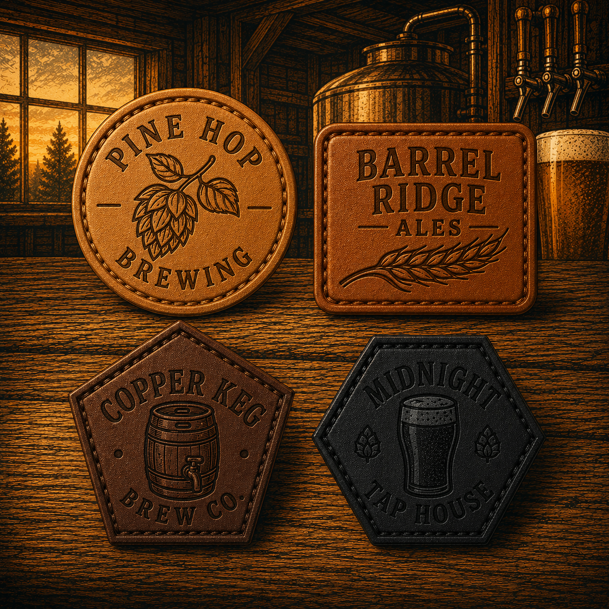 Four laser-engraved leatherette patches in different shapes and brown tones