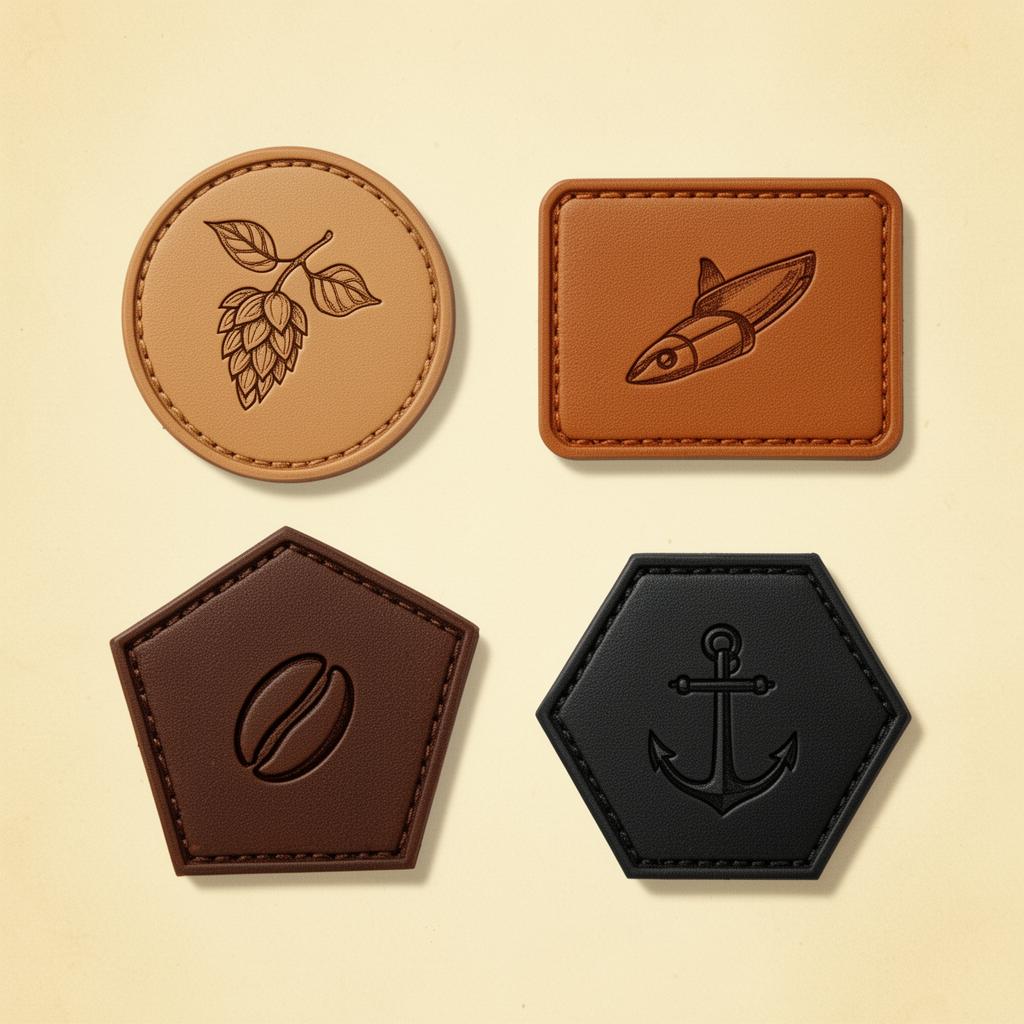 Four laser-engraved leatherette patches in different shapes and brown tones
