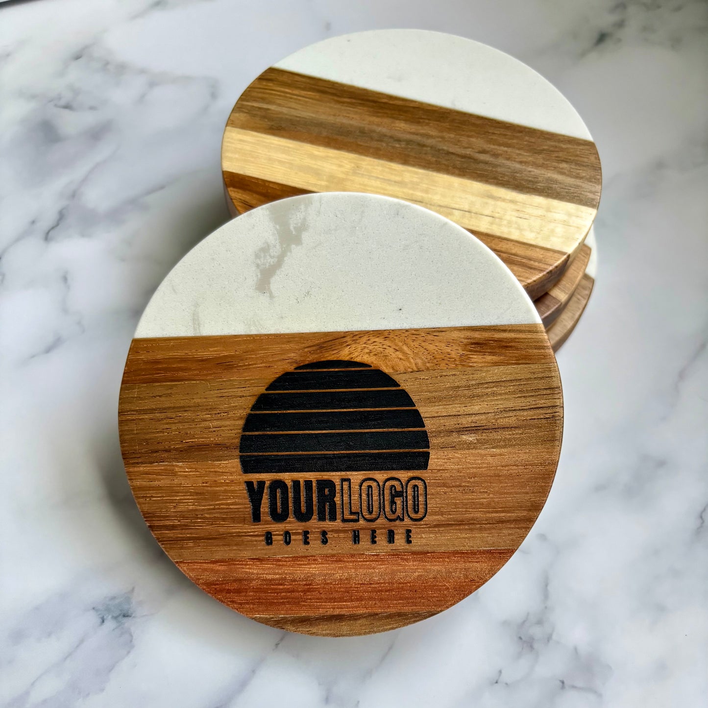 Round Wood and Marble Engraved Custom Logo Coaster Set