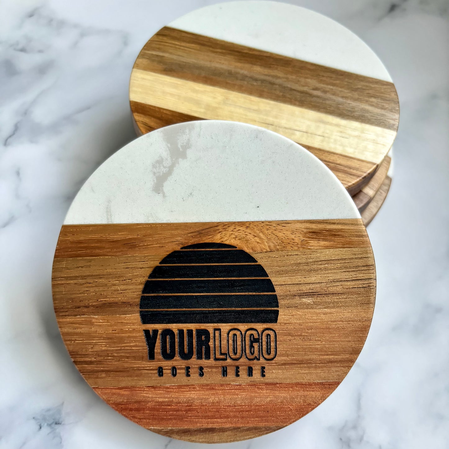 Round Wood and Marble Engraved Custom Logo Coaster Set