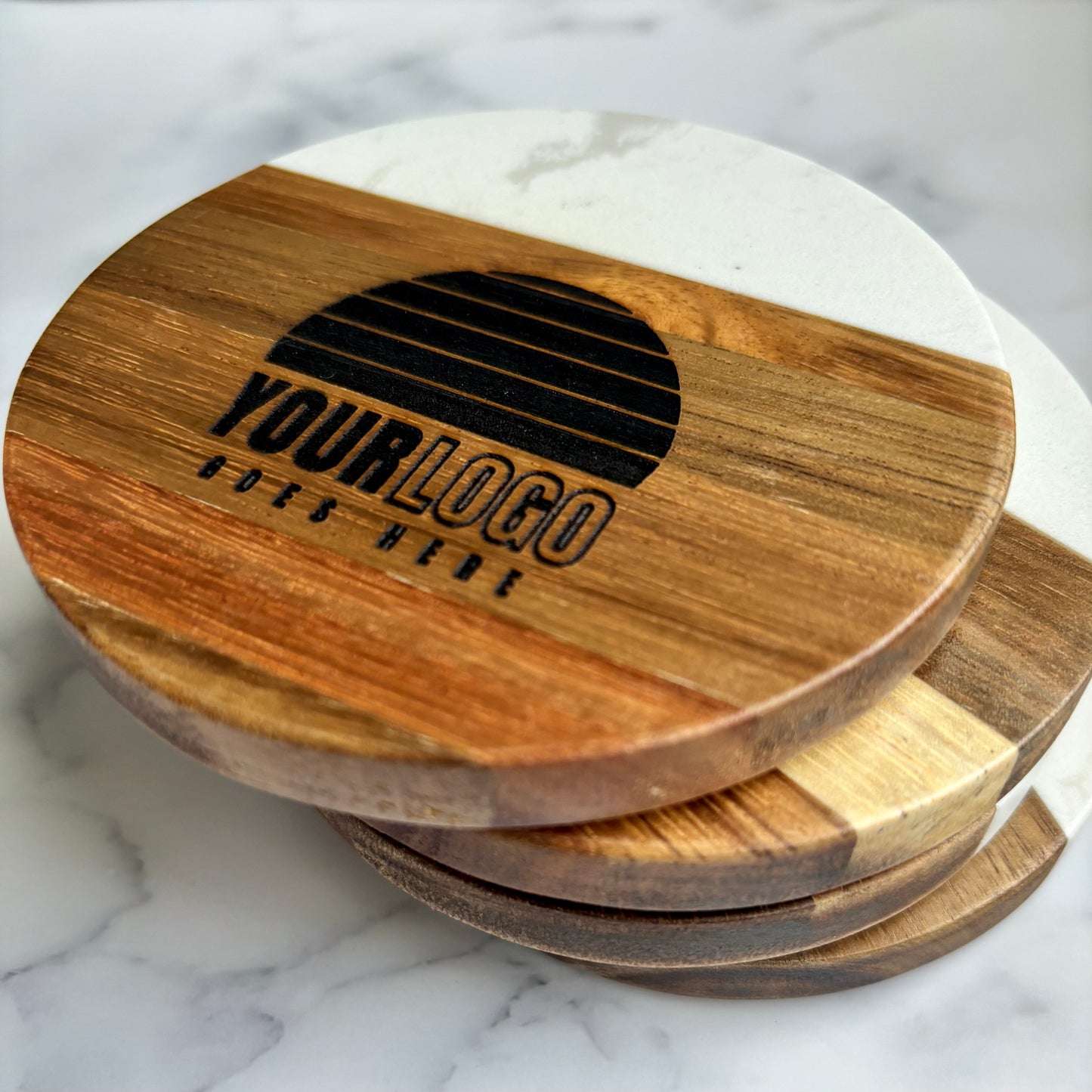 Round Wood and Marble Engraved Custom Logo Coaster Set