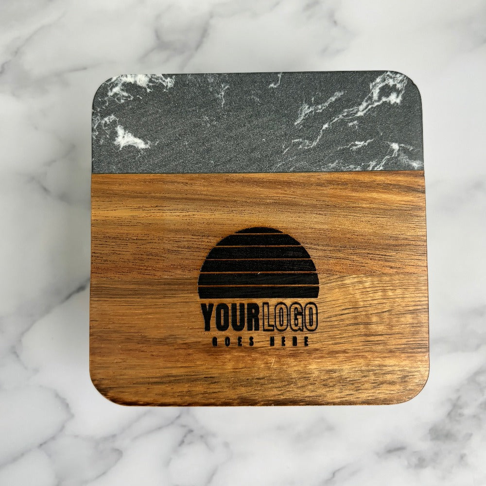 Square Wood Marble Coasters With Laser Engraved Logo Set