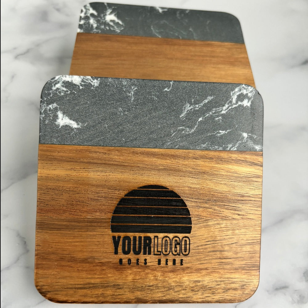 Square Wood Marble Coasters With Laser Engraved Logo Set