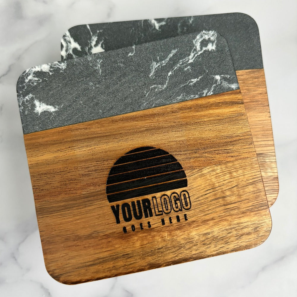 Square Wood Marble Coasters With Laser Engraved Logo Set