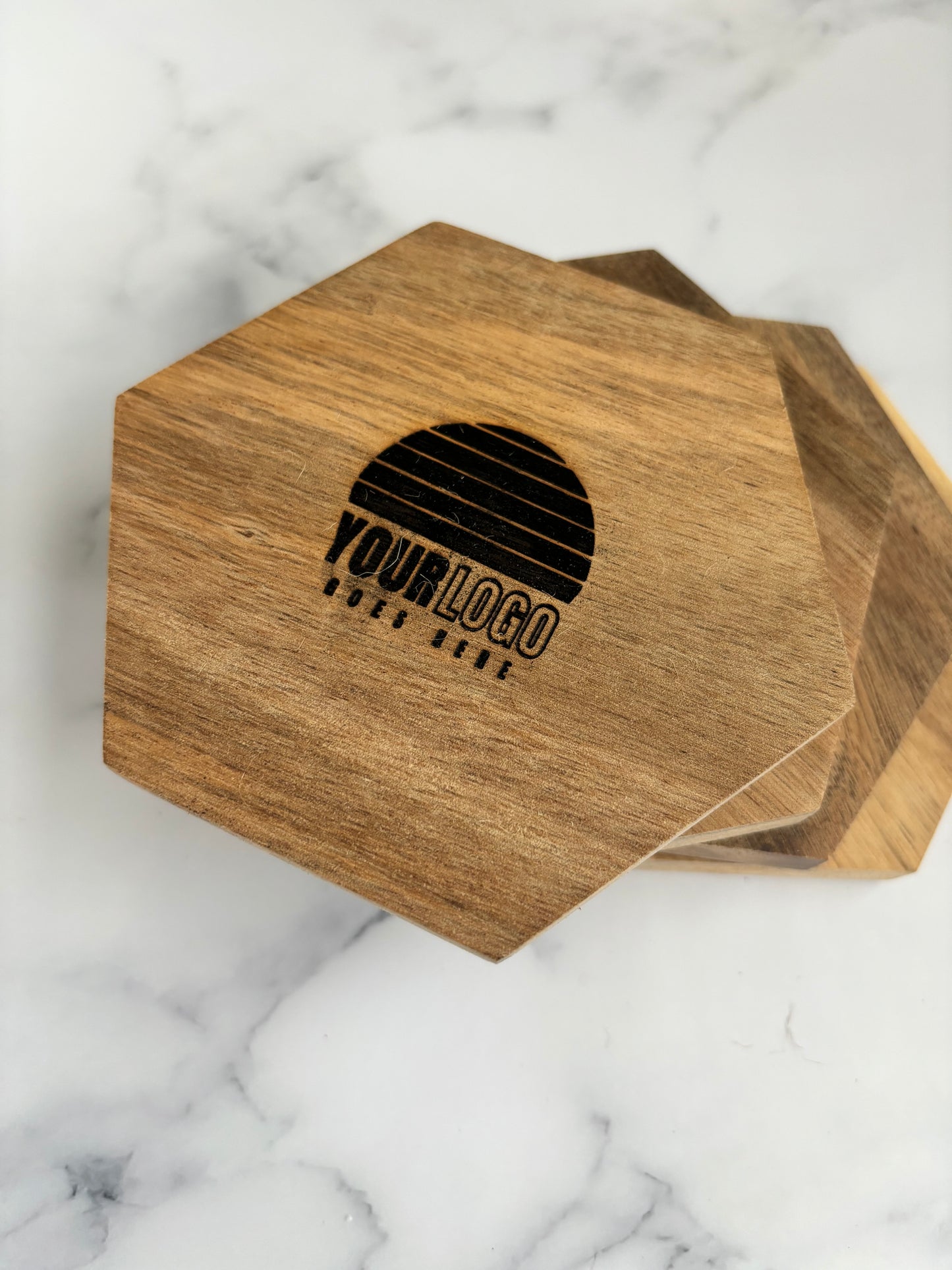 Hexagon Wood Coasters With Laser Engraved Logo Set